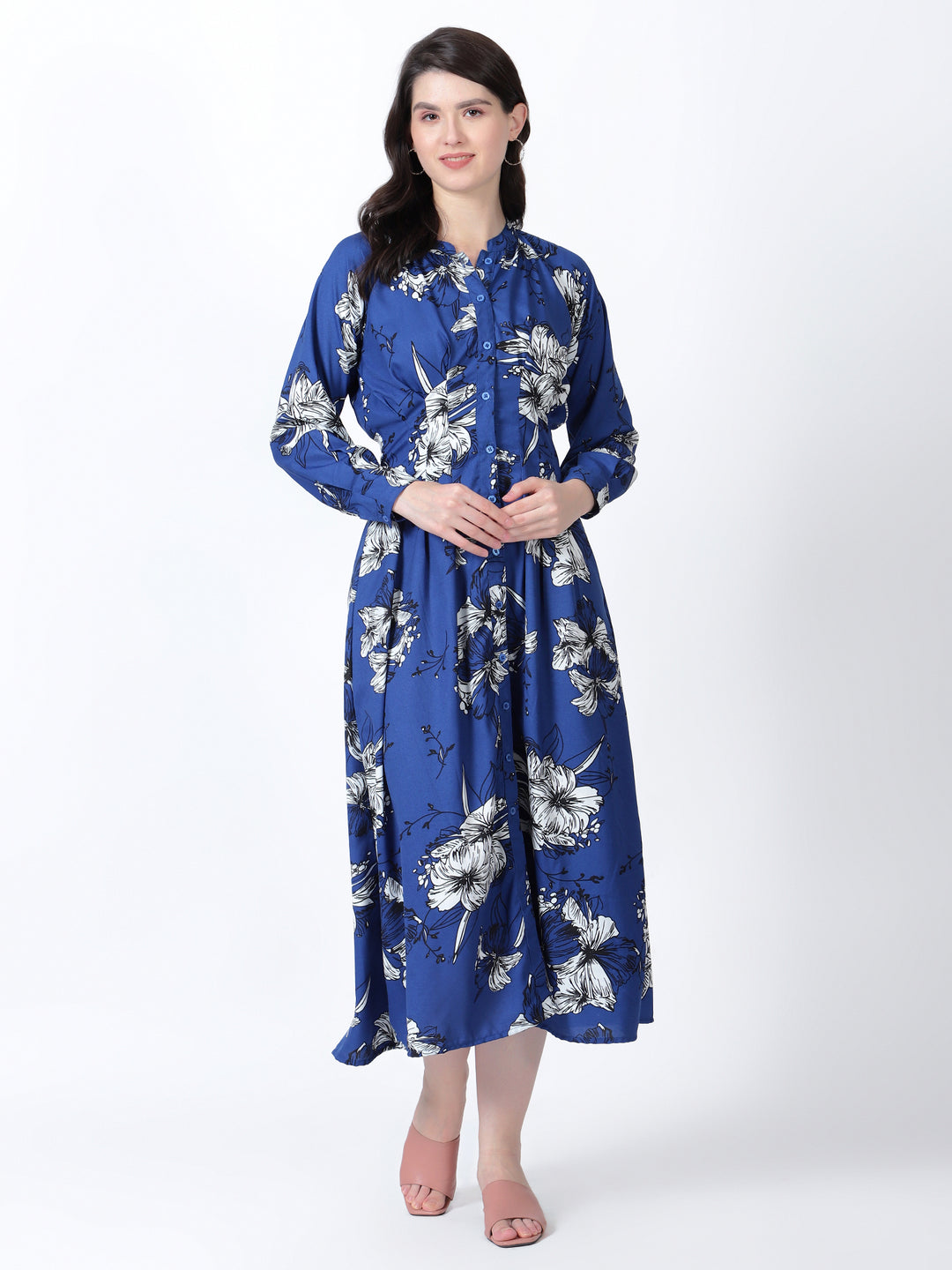 Button Down Full Sleeve Dress with Box Pleated Waist