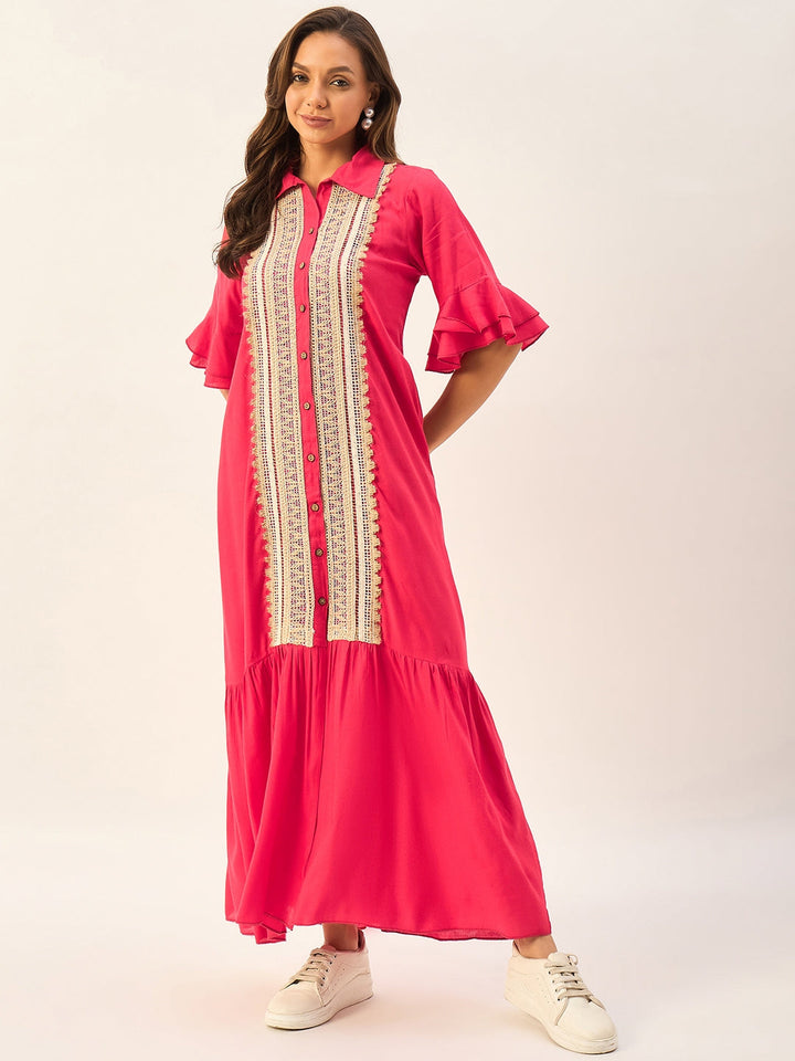 SHIRT COLLAR MAXI DRESS WITH BELL SLEEVES