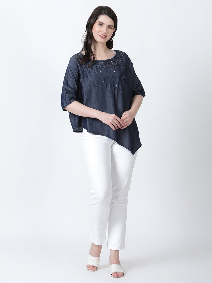 Tencel Denim Ponchu With Handwork