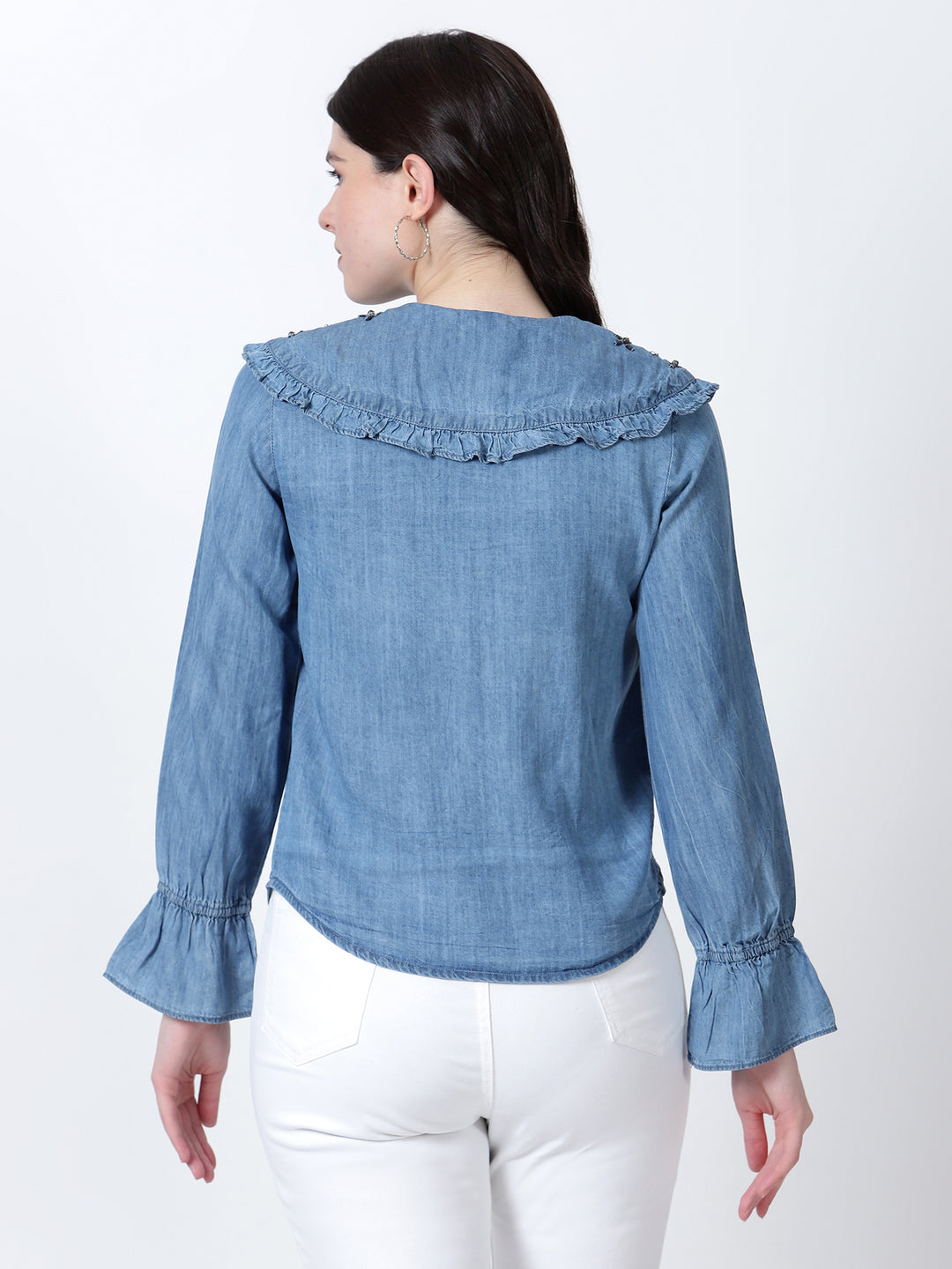 Peterpan Collar Tencel Denim Shirt with Hand Work