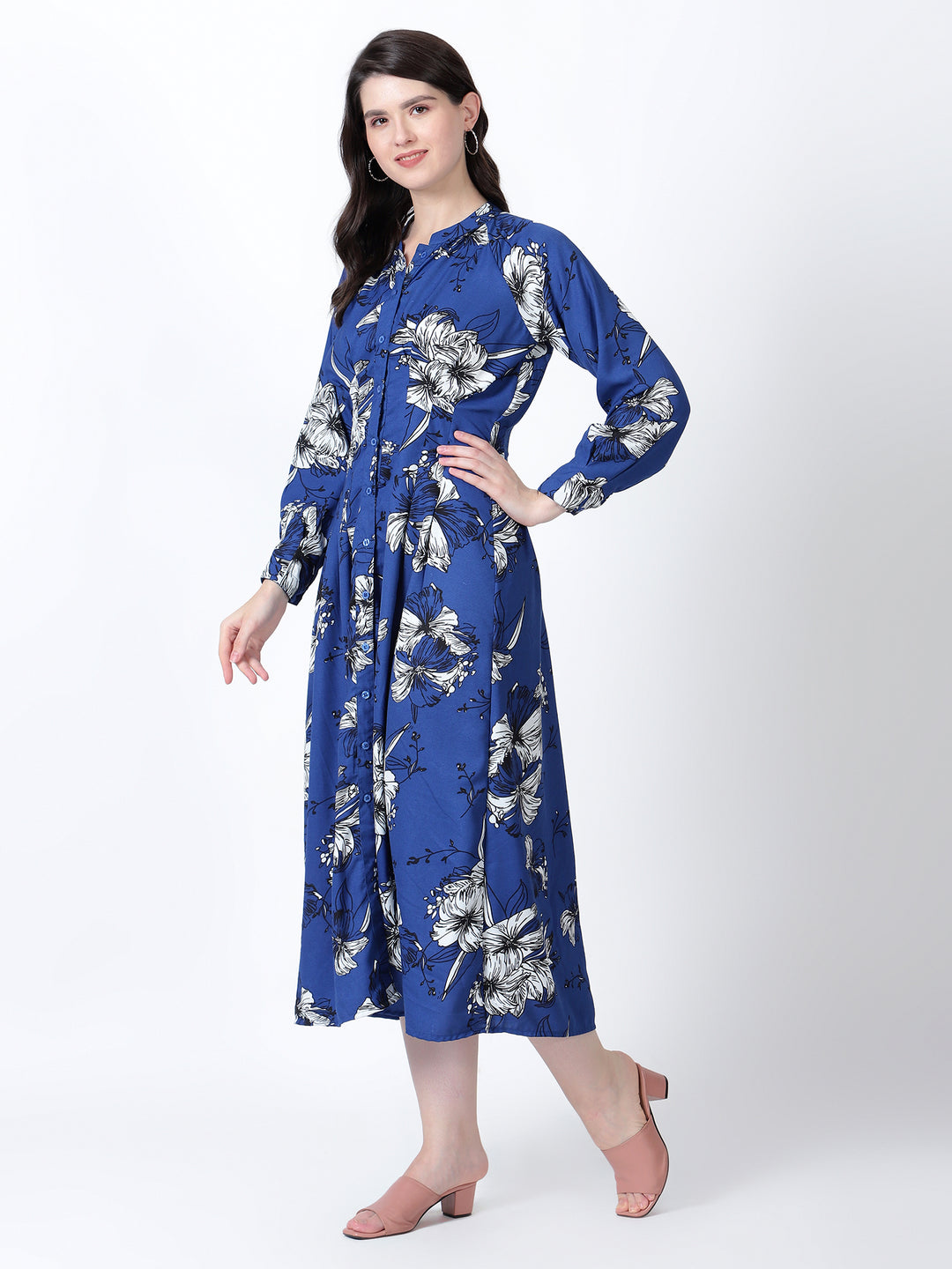 Button Down Full Sleeve Dress with Box Pleated Waist