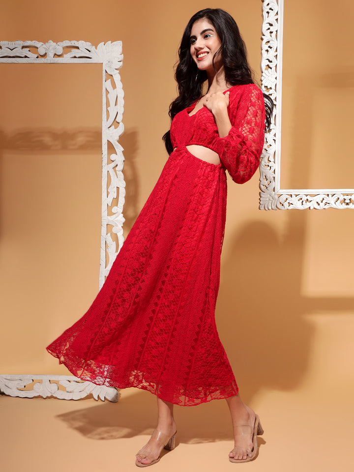 Cut Out Net Long Dress with Sleeve