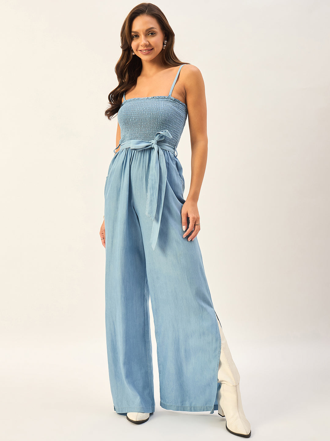 SMOCKED CAMISOLE TENCEL JUMPSUIT WITH SIDE SLITS