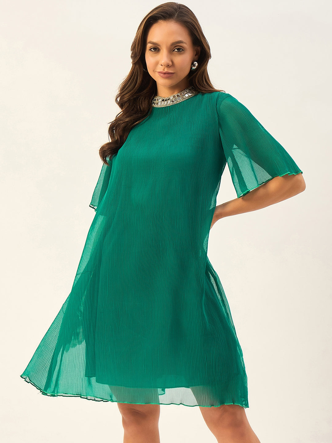 A-LINE SHORT DRESS WITH EMBELLISHED NECKLINE