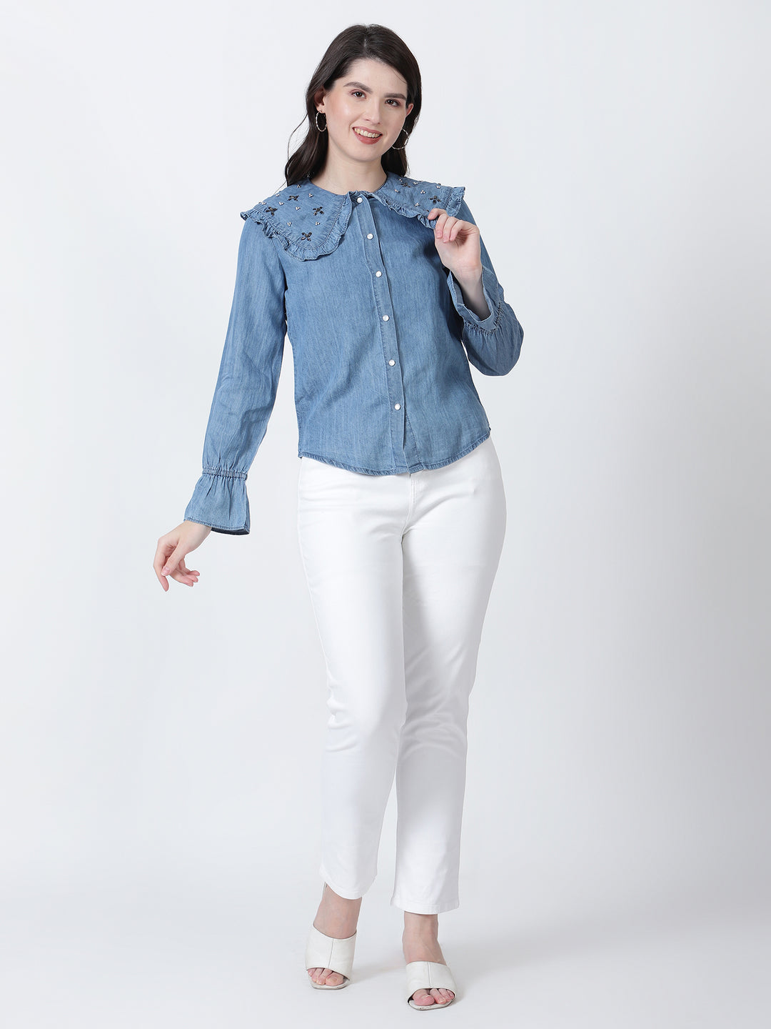 Peterpan Collar Tencel Denim Shirt with Hand Work