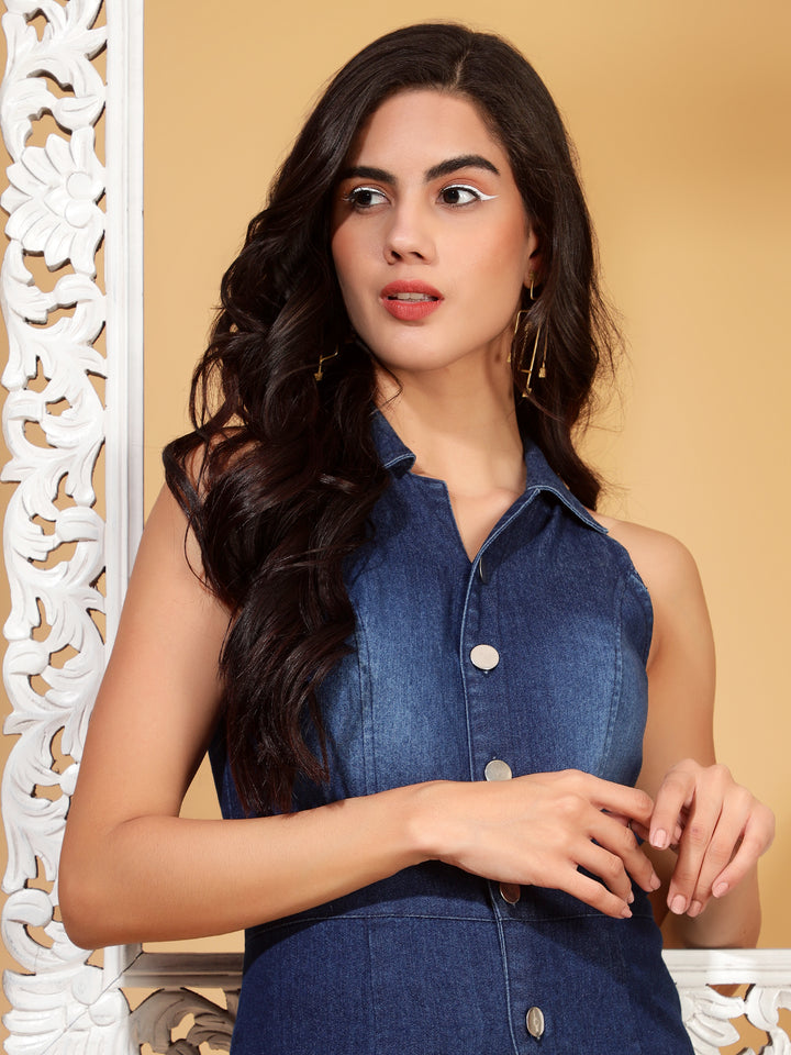 Denim Bell Bottom Jumpsuit With Buttons At Front