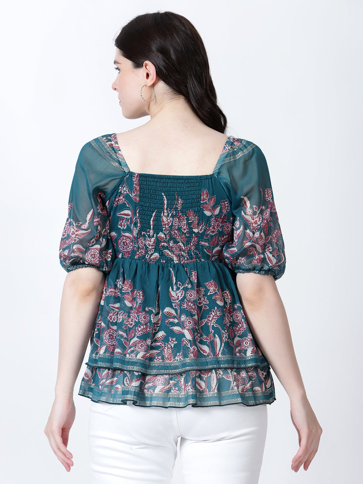 Peplum Top with Elbow Sleeve and Back Smocking