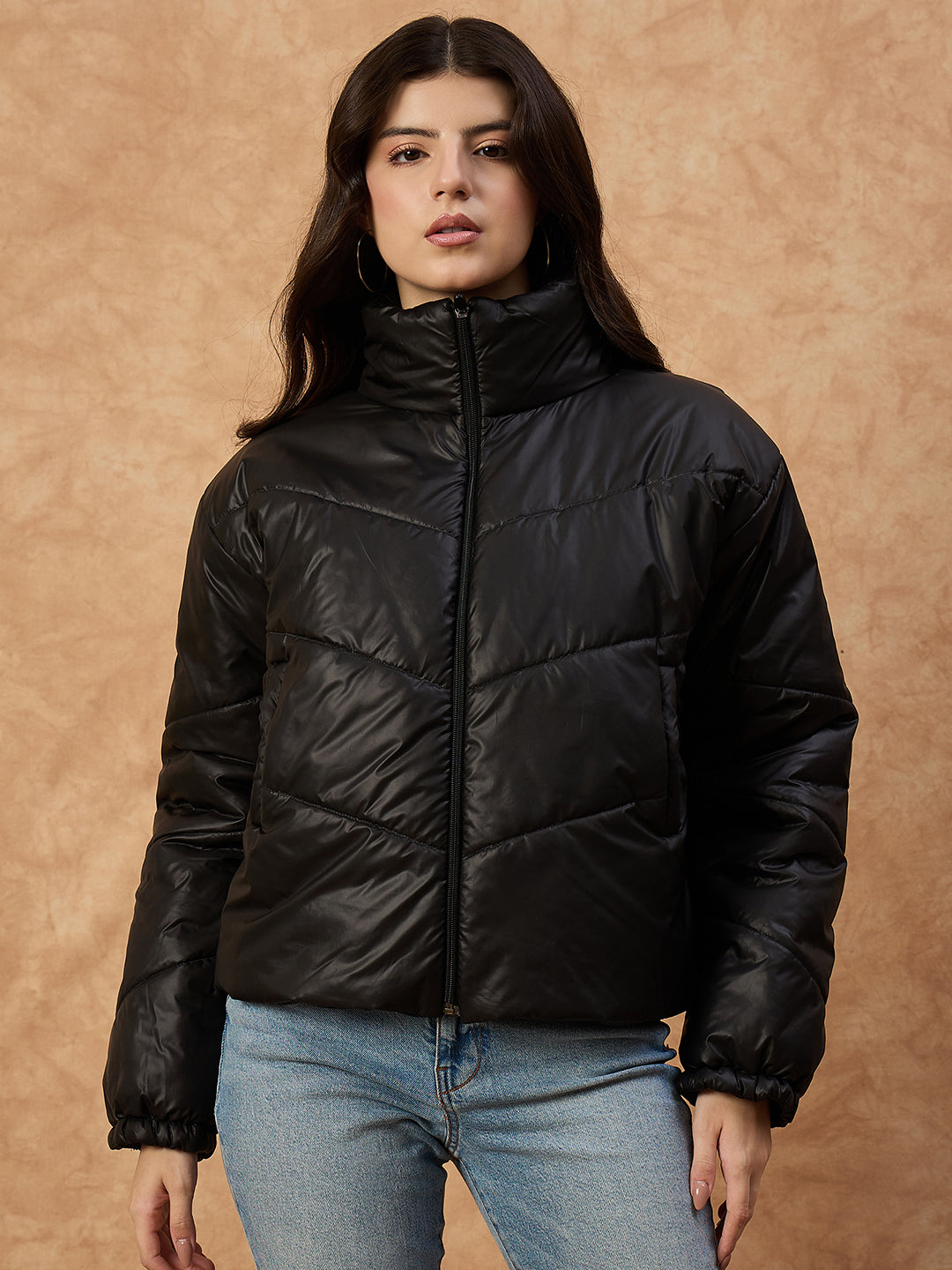 Women's  Blue High-Neck Puffer Jacket