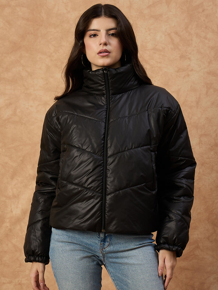 Women's  Blue High-Neck Puffer Jacket