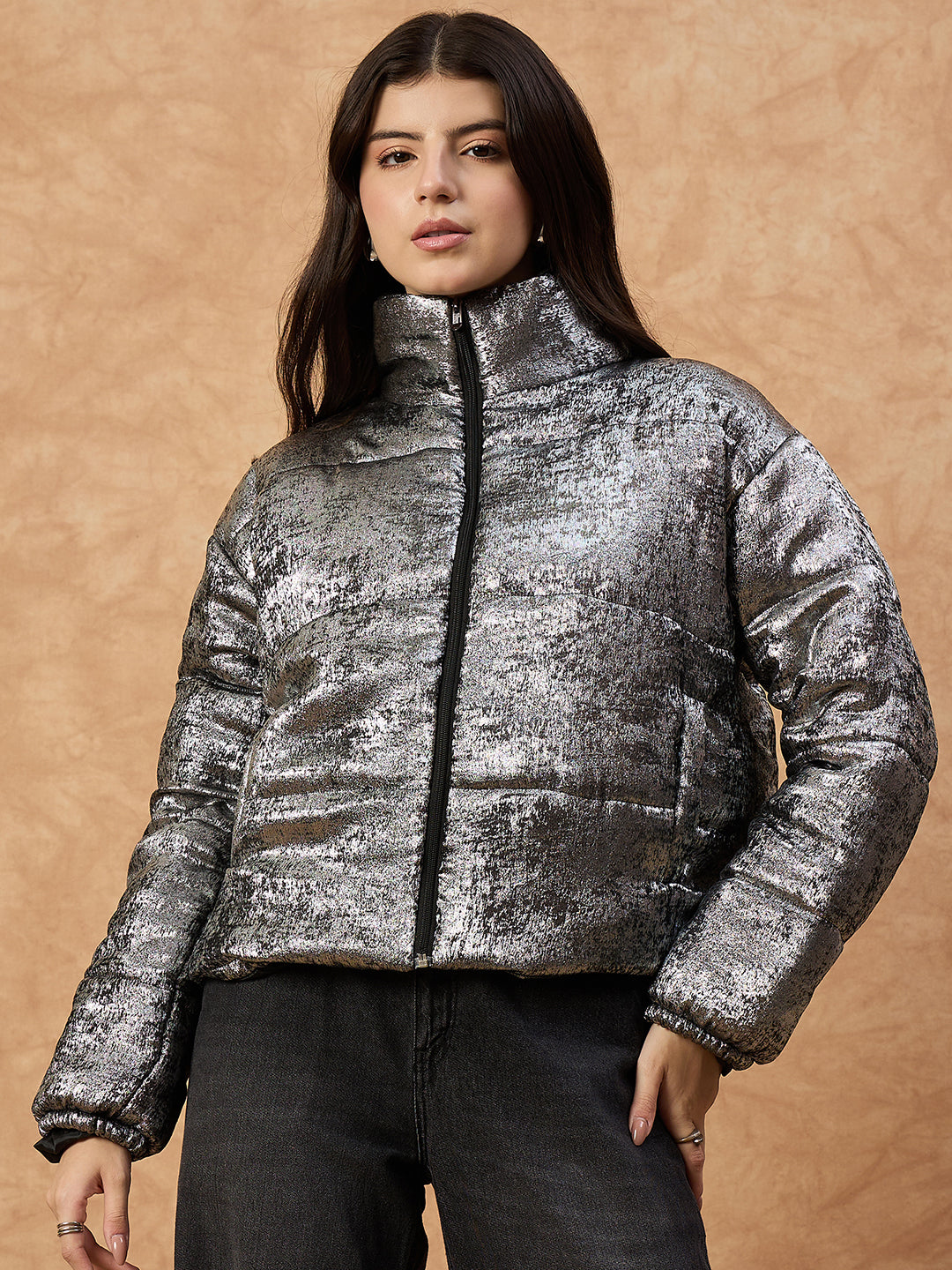 Women's Grey High-Neck Puffer Jacket