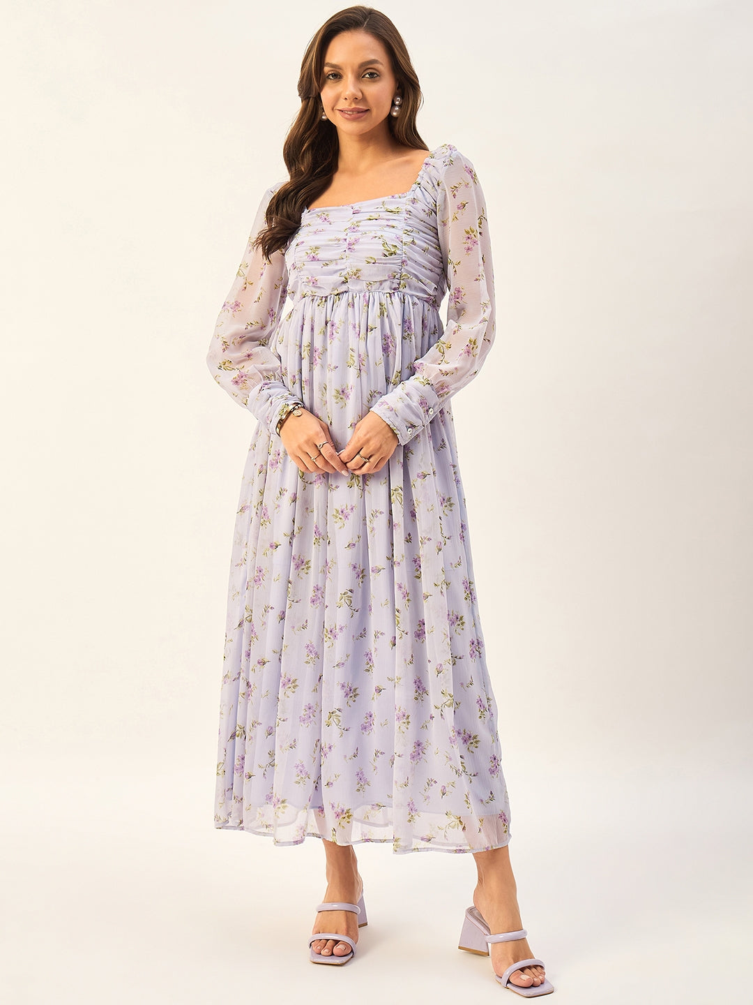 PRINTED FULL SLEEVE CHIFFON MIDI DRESS