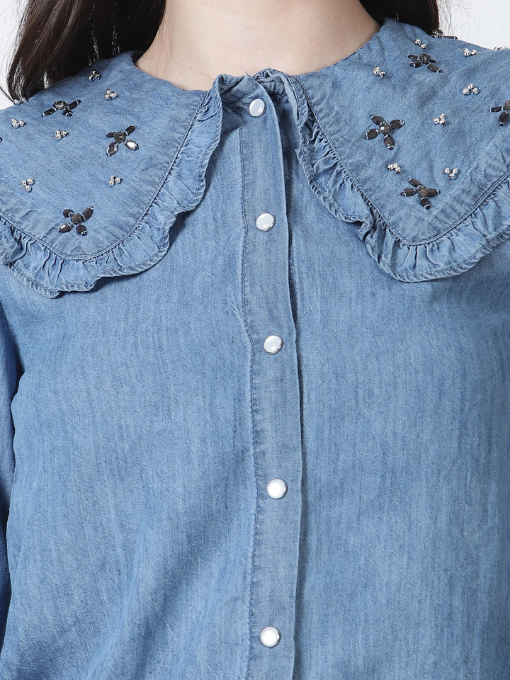 Peterpan Collar Tencel Denim Shirt with Hand Work