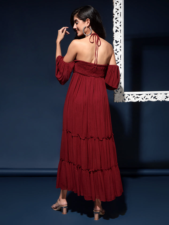 Halter Neck Long Dress with Tier and Rusing at Bust