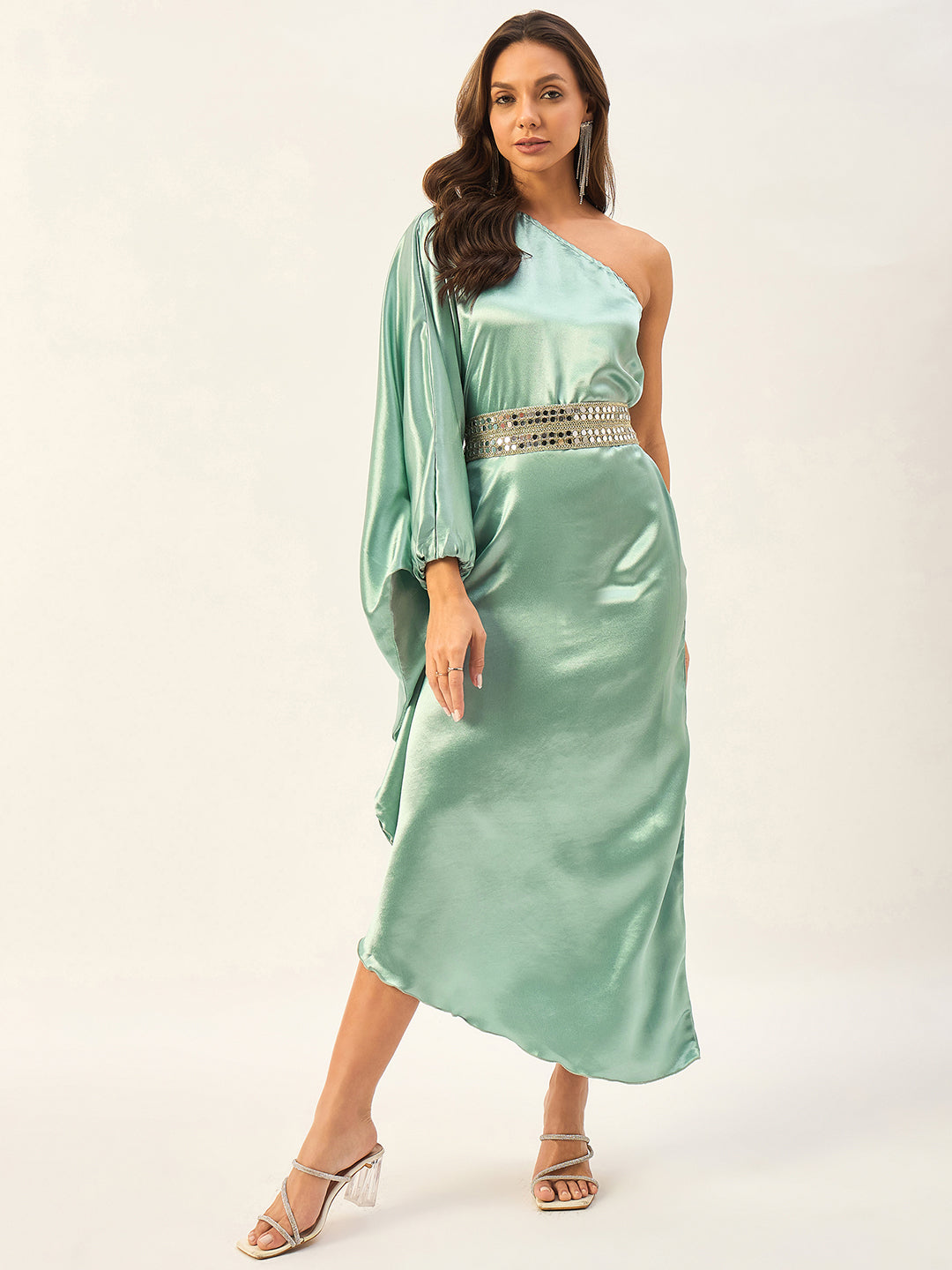 one shoulder kaftan dress with mirror work belt