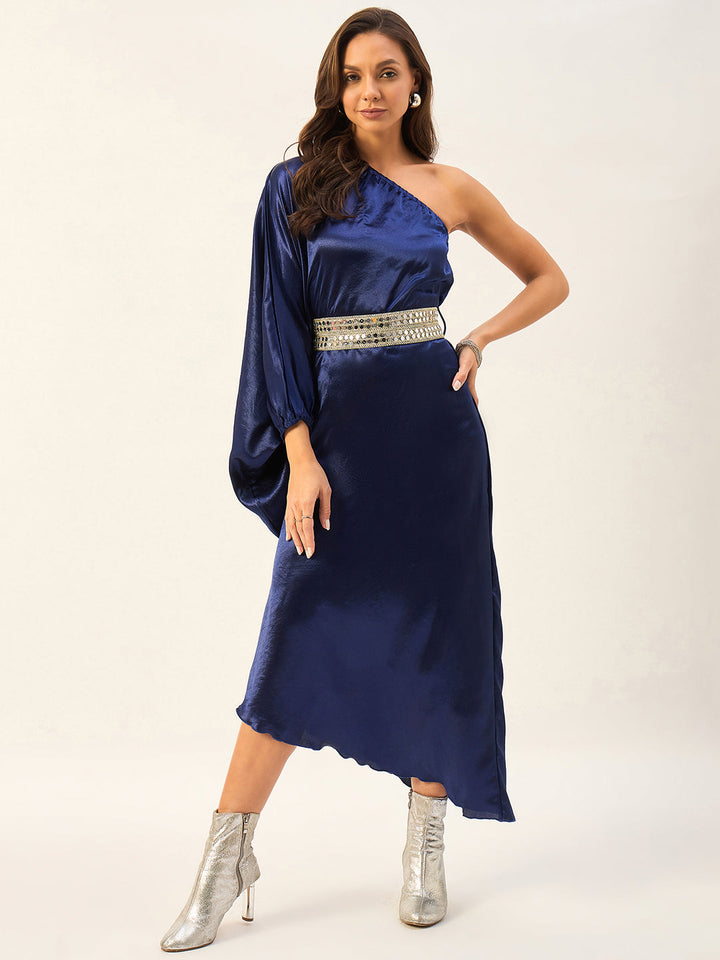 one shoulder kaftan dress with mirror work belt