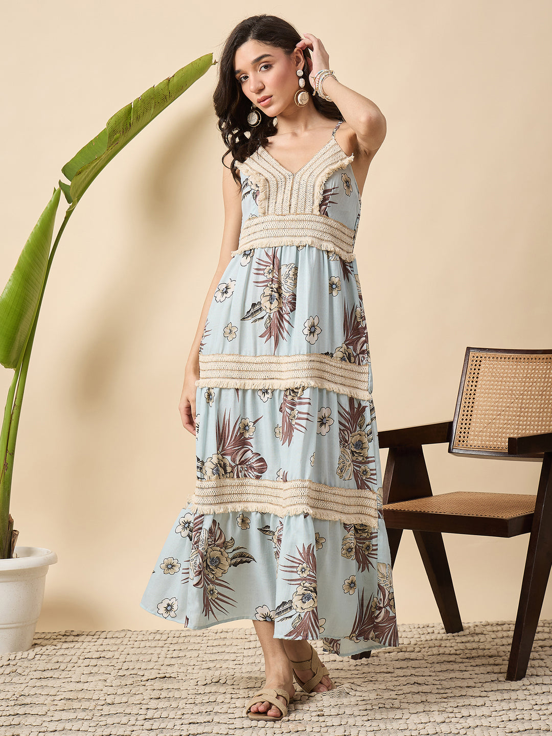 floral printed  tiered spaghetti dress with laces