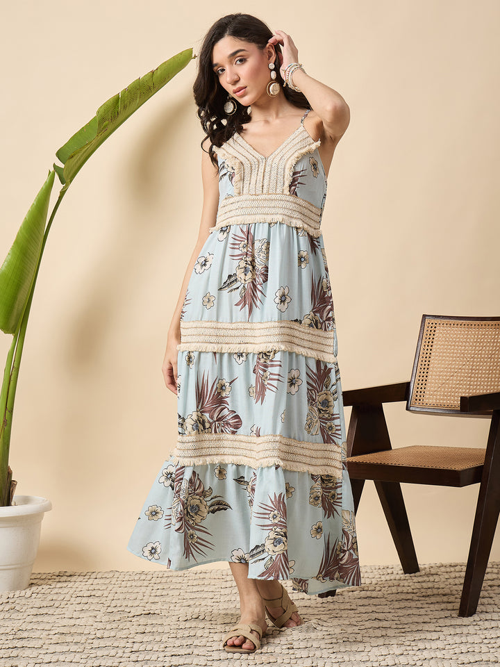 floral printed  tiered spaghetti dress with laces