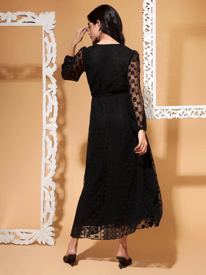 Cut Out Net Long Dress with Sleeve