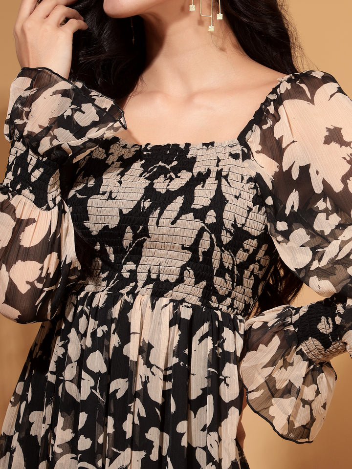 Printed Smocked Tier Dress with Sleeves