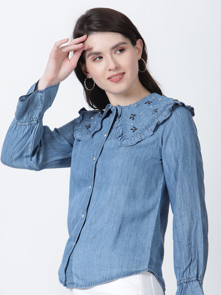 Peterpan Collar Tencel Denim Shirt with Hand Work