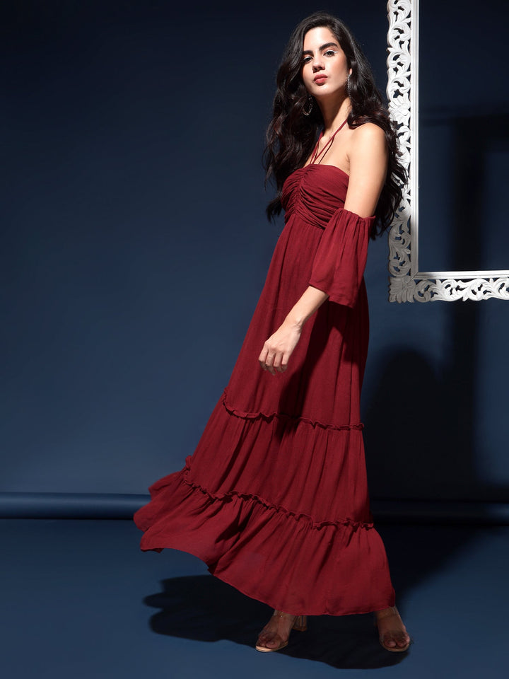 Halter Neck Long Dress with Tier and Rusing at Bust