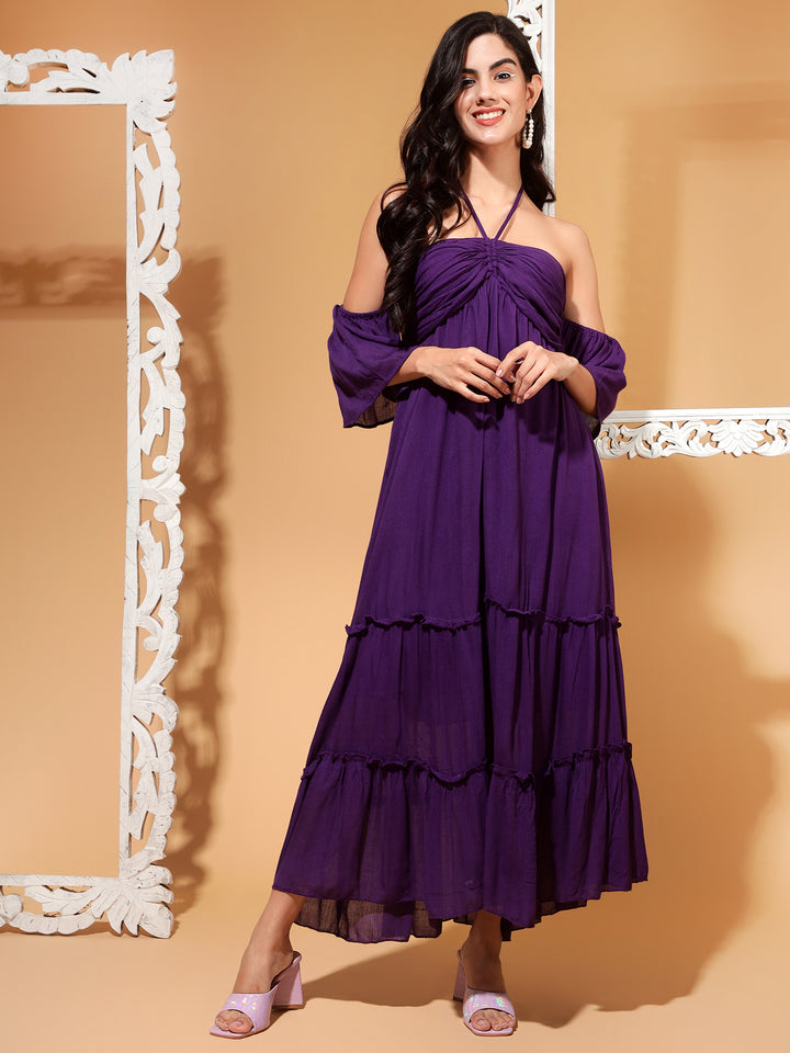 Halter Neck Long Dress with Tier and Rusing at Bust