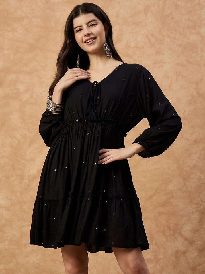 Women’s Black Mirror Work Short Dress in Soft Rayon