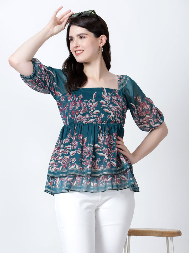 Peplum Top with Elbow Sleeve and Back Smocking