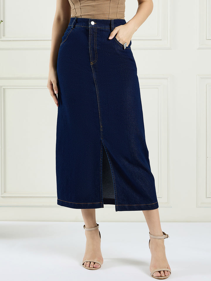 Women solid A- line denim skirt with front rise