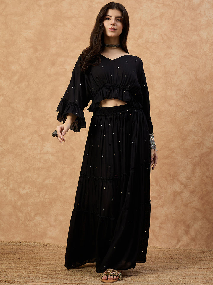 Women’s Black Rayon Co-ord Set with Mirror Work