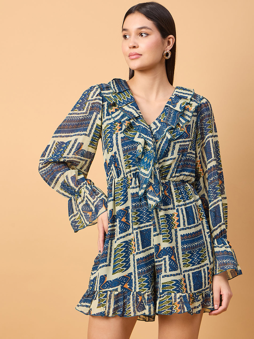 Printed V neck full sleeves romper with ruffles