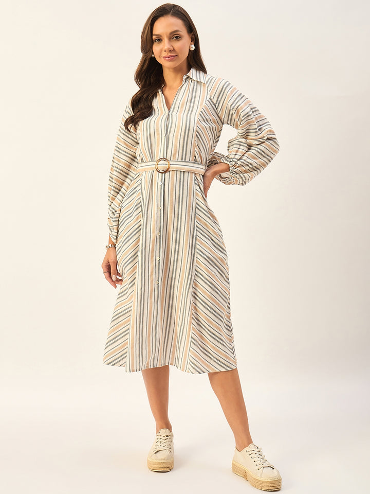 100% COTTON STRIPED DRESS WITH BALLOON SLEEVES AND BELT