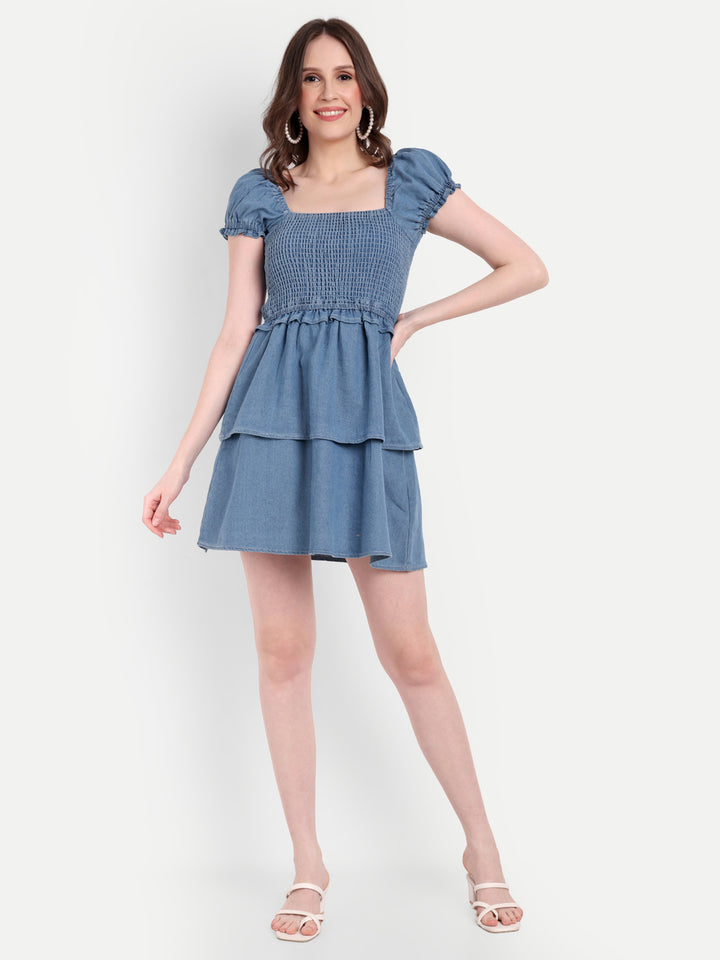 DENIM SHORT DRESS WITH PUFF SLEEVES