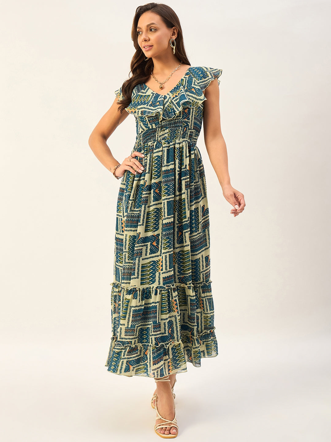 PRINTED SLEEVELESS A-LINE TEIRED DRESS