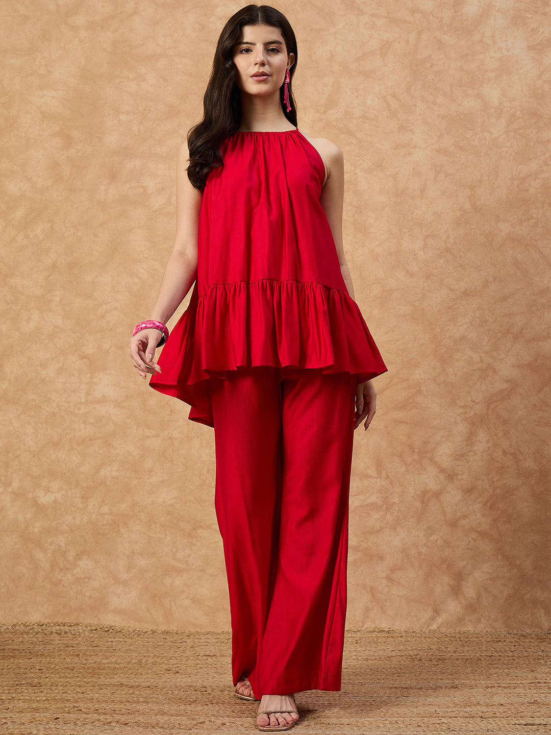 Women’s  Red Sleeveless Top with Flared Pants Co-ord Set