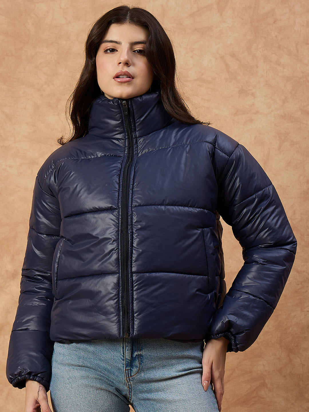 Women's  Blue High-Neck Puffer Jacket