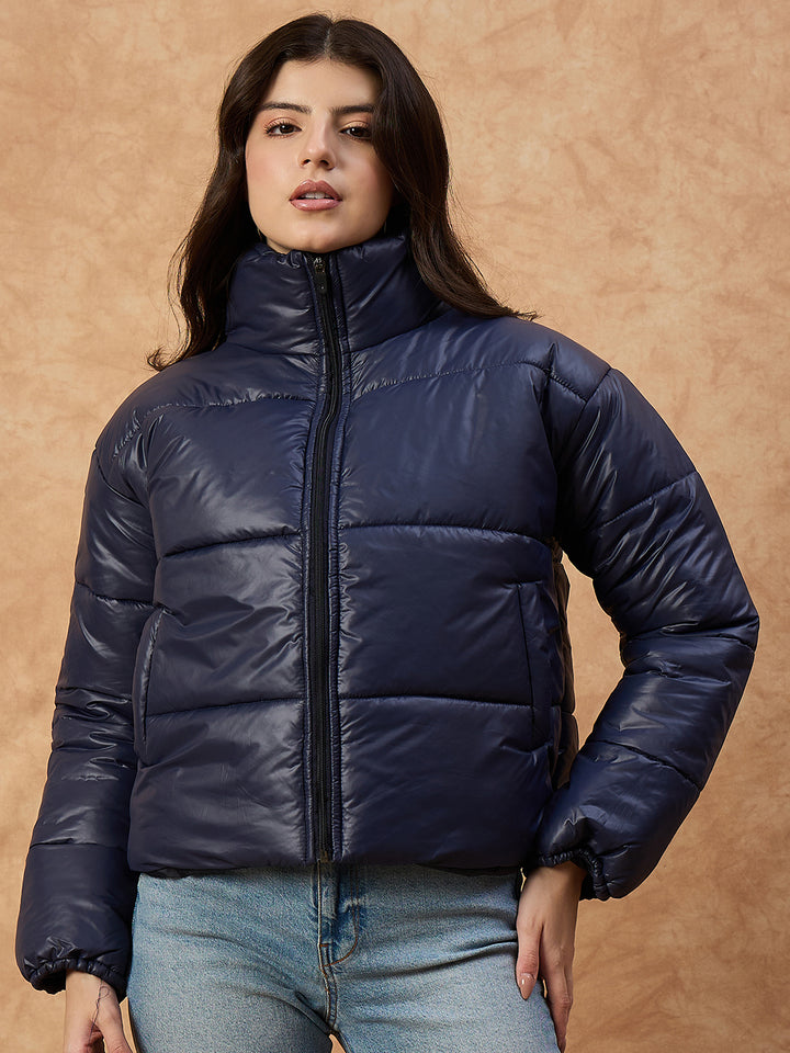 Women's  Blue High-Neck Puffer Jacket