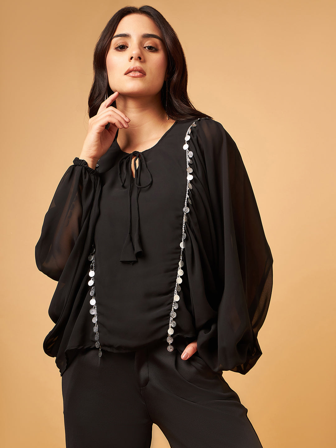 Chiffon Top with Oversize Sleeve and Embellishment