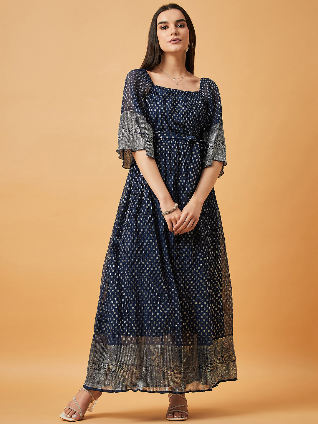 Ethnic Pleated Shimmer Long Dress