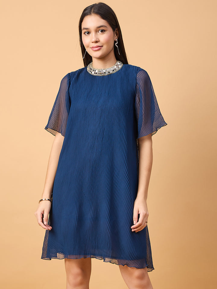 A-LINE SHORT DRESS WITH EMBELLISHED NECKLINE