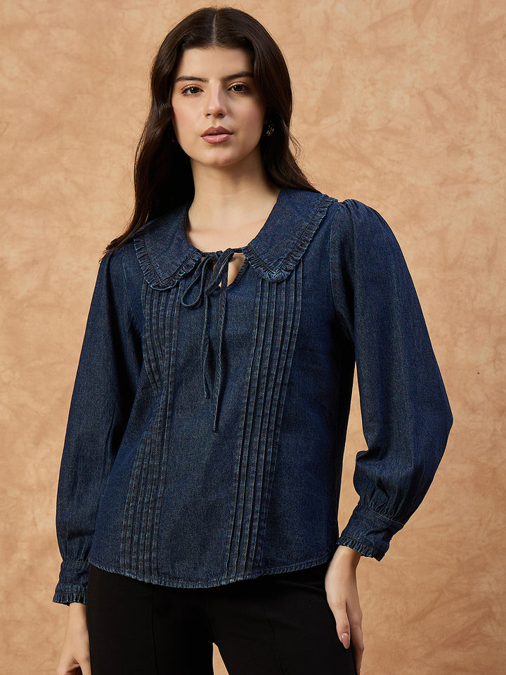 Women’s Dark Blue Denim Top with peter pan Collar & Pin-Tuck Detailing