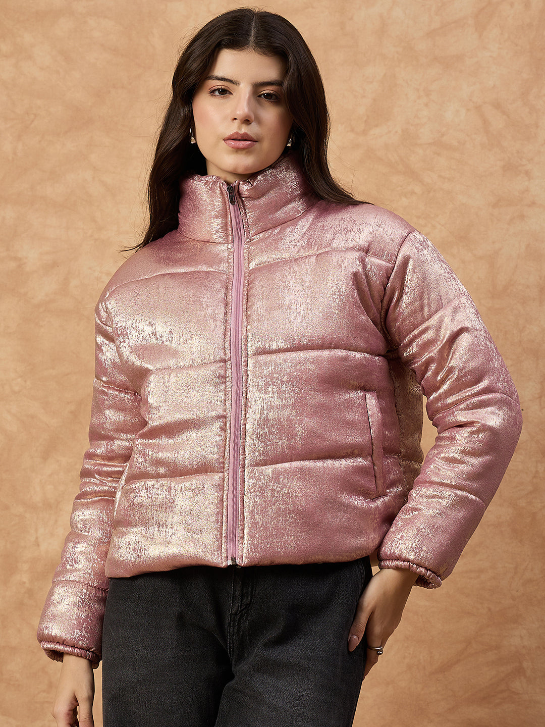 Women's Grey High-Neck Puffer Jacket