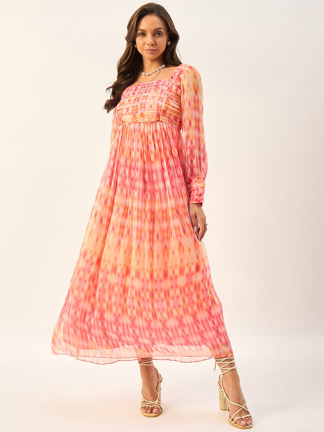 PRINTED FULL SLEEVE CHIFFON MIDI DRESS