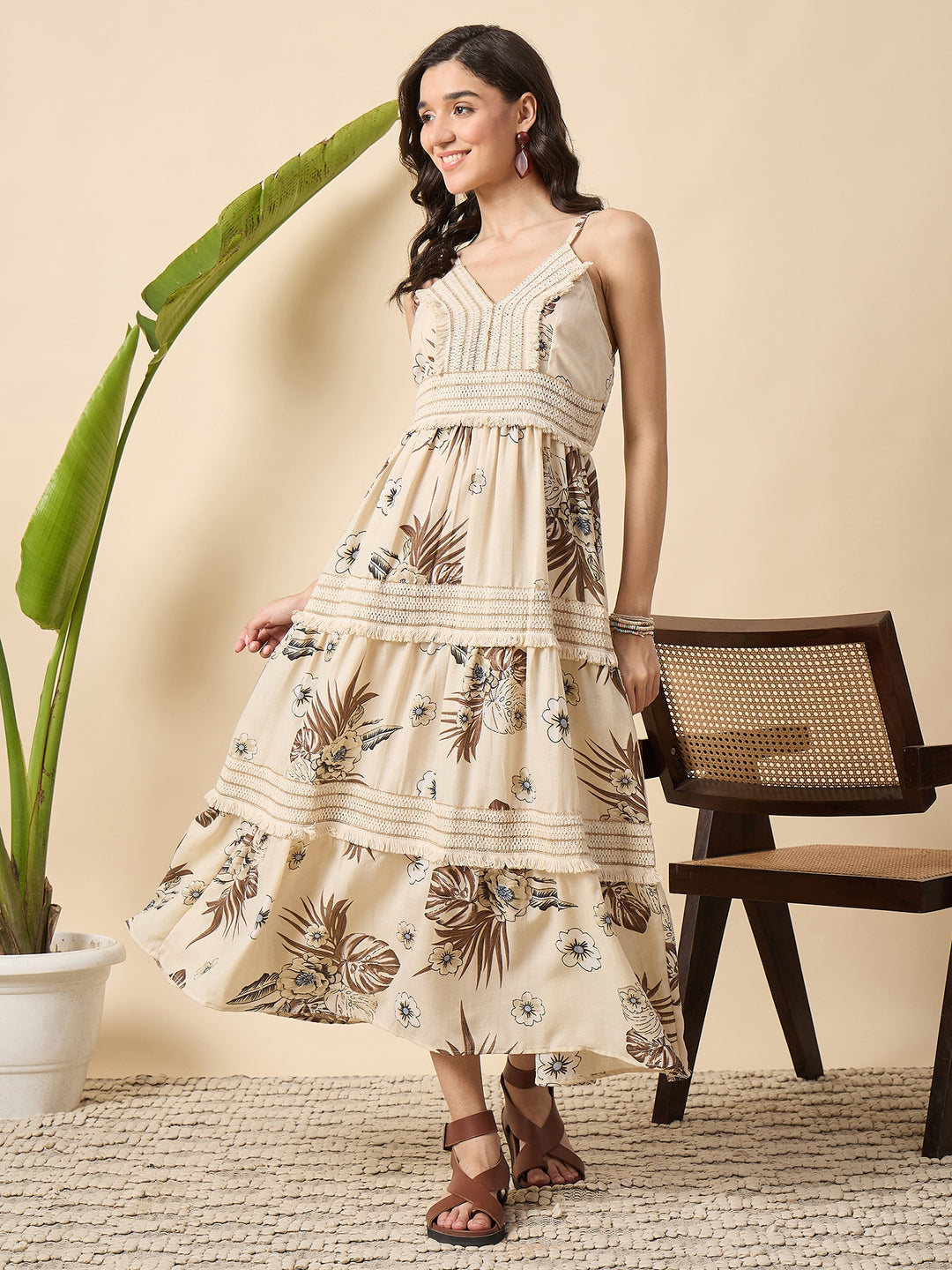 floral printed  tiered spaghetti dress with laces