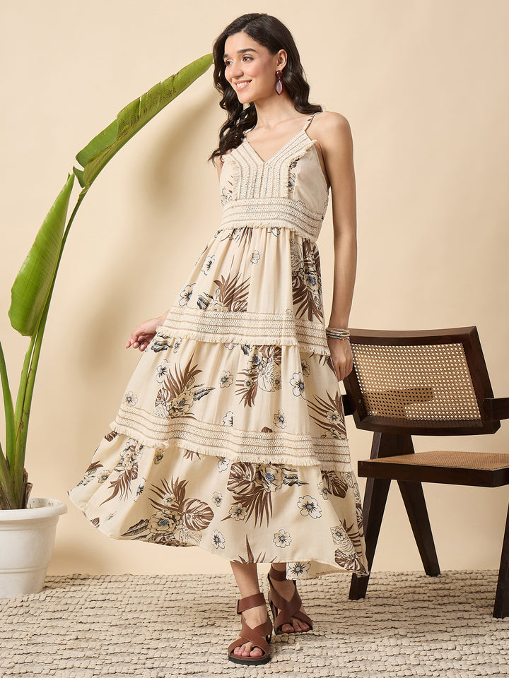 floral printed  tiered spaghetti dress with laces