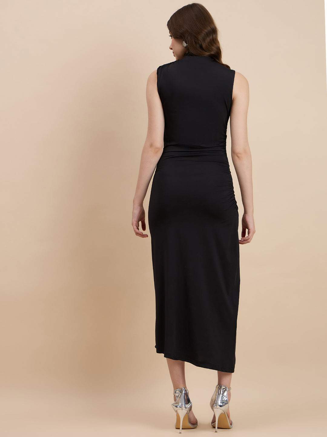 Bodycon high neck dress with gathers at waist