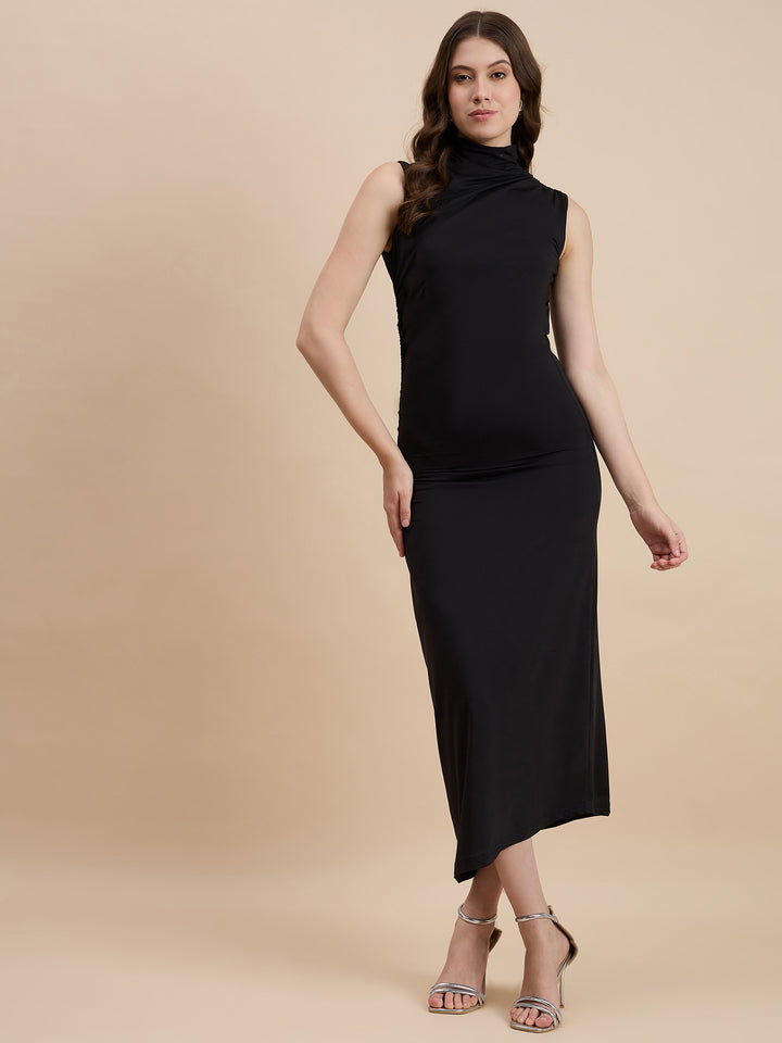 Bodycon high neck dress with gathers at waist