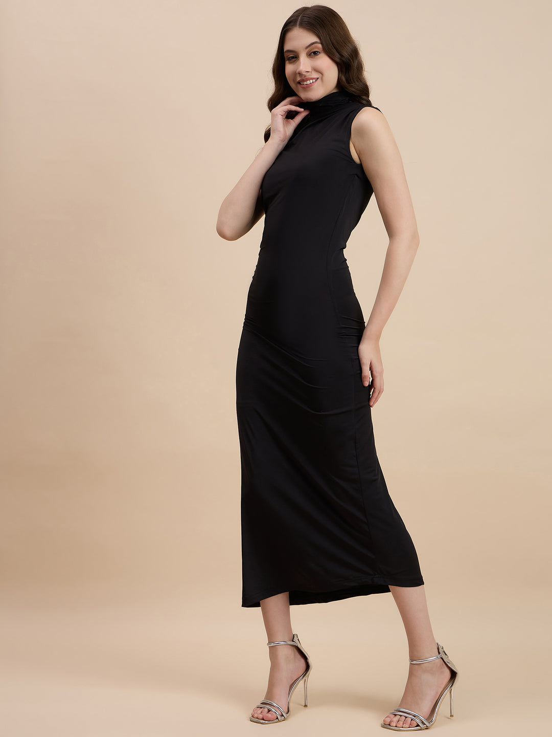 Bodycon high neck dress with gathers at waist