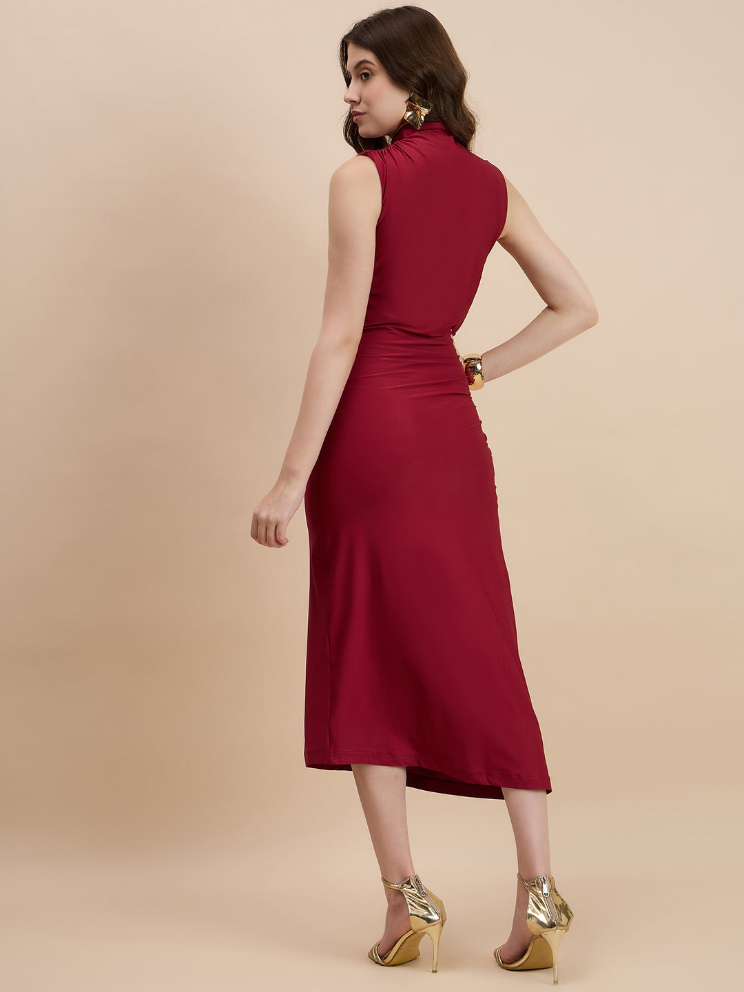 Bodycon high neck dress with gathers at waist