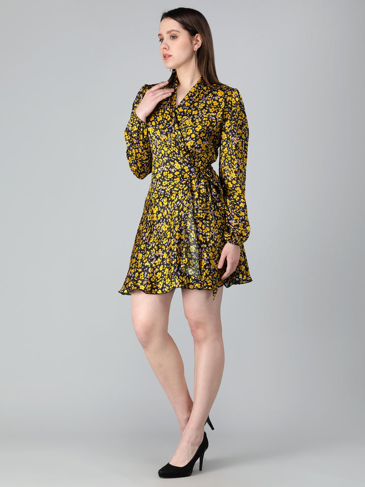 Black and Yellow Floral Printed Wrap Dress